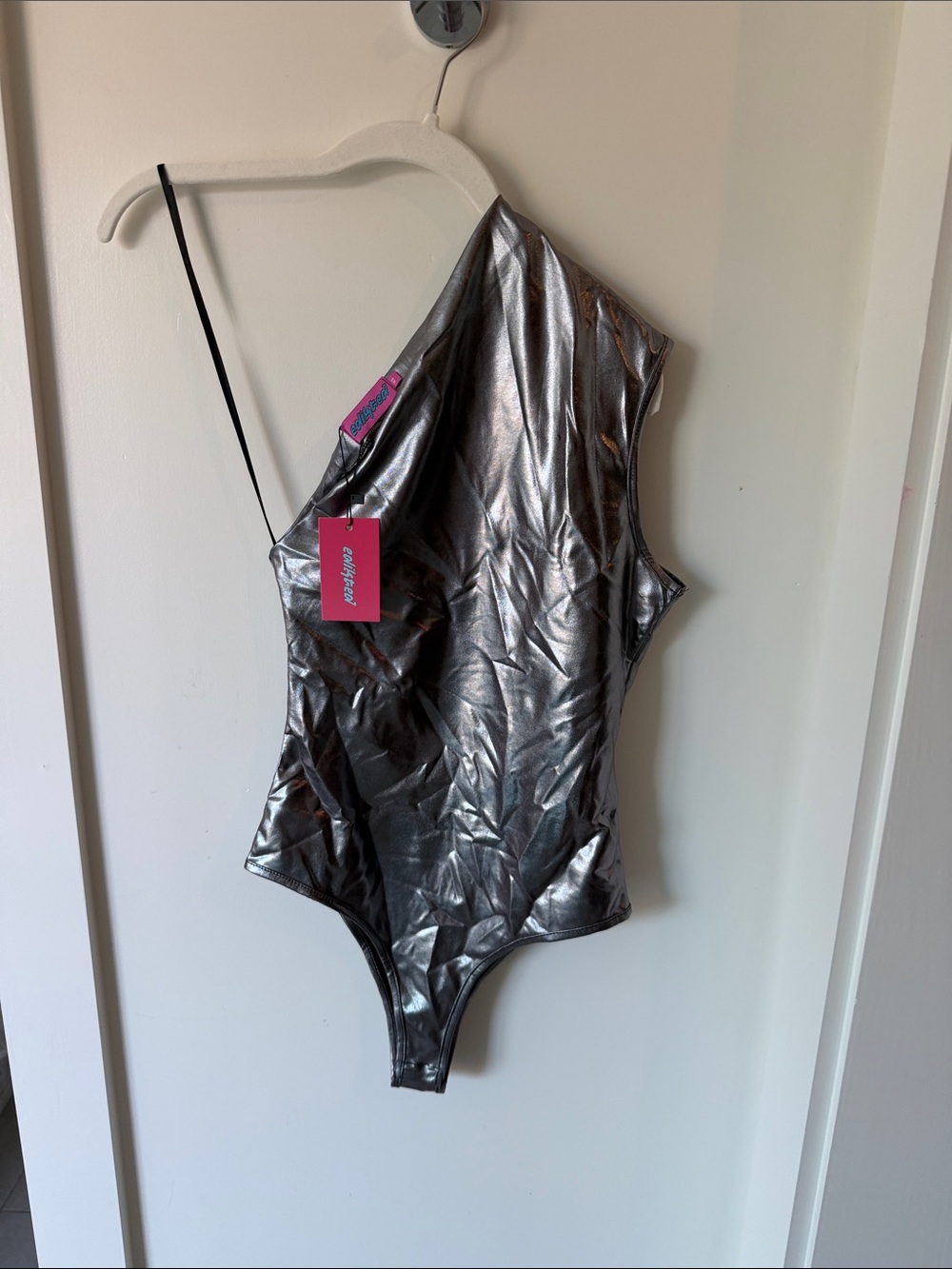 Edikted Metallic Silver One-Shoulder Bodysuit
